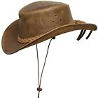BRANDSLOCK Cowboy Hat Leather Outback Sun Hat with Chin Cord Tan