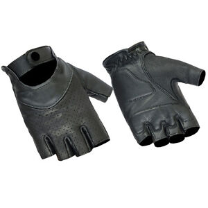 Womens Perforated Fingerless Gel Palm Genuine Leather Motorcycle Riding Gloves