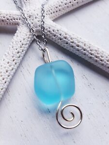 Sea Glass Necklace w/ Aqua Blue Sea Glass Wavy Square & Silver Swirl Accent