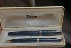 1940s PARKER VACUMATIC BLUE PEARL STRIPE FOUNTAIN PEN & MATCHING PENCIL- WRITES!