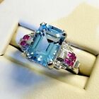 4Ct Emerald Cut Aquamarine & Ruby Diamond Engagement Ring 14K White Gold Finish