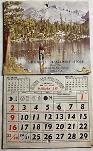 VINTAGE 1949 FLY FISHING CALENDAR ADVERTISING MOUNTAIN AND RIVER SCENE
