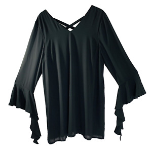 Loveriche Dress Women Size 1X Black Chiffon Overlay V-Neck Bell Long Sleeve NWT