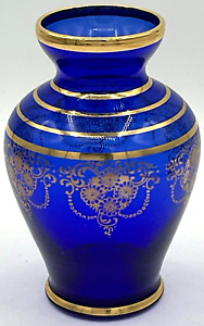 New ListingVintage 4.25” Cobalt Blue Blown Glass Gilded Bud Vase Italy Striped Floral