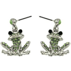 Frog Earrings Stud Green Crystal & Gift Box Fast Shipping