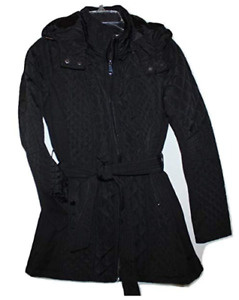 NEW Sebby Women's Quilted Belted Winter Trench Coat with Removable Hood - Black