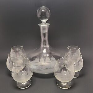 New ListingVintage Toscany Etched Clipper Ship Decanter + 6x Glasses