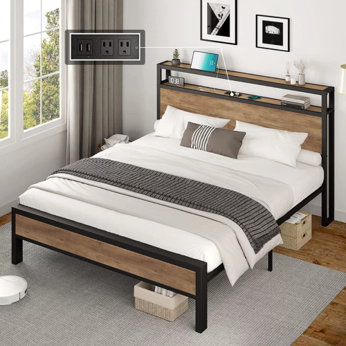 Queen Size Bed Frame Industrial Platform Bed with Charging Station, 2-Tier Stora