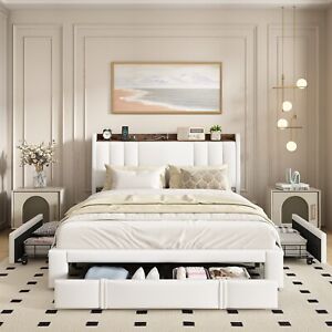 White PU Queen Size Bed with 3 Storage Drawers and Charging Station,Upholstered