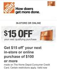 New ListingHome Depot $15 off $100 - Use ON-LINE OR IN STORE - Exp 06/01/24