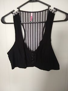 Women's 579 Black Front Grey & White Back Pinstripe Y2K Vest Top Size Small