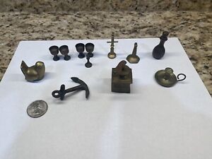 Vintage Lot Of 12 Mini Brass Items Cups, Bird, Coffee Grinder, Candle Sticks ect