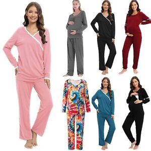 2pcs Nursing Maternity Pajama Set Lady Breastfeeding Loungewear Sleep Tops Pants