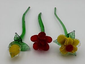 SET OF 3 VINTAGE HAND BLOWN LONG STEM GLASS SPRING FLOWERS 13”, 13” and 10”