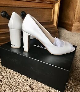 DKNY Jade-Peep Toe Womens Pumps White Patent Leather SZ 8 M