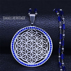 Flower of Life Blue Crystals Pendant Stainless Steel Chain Necklace Round Women