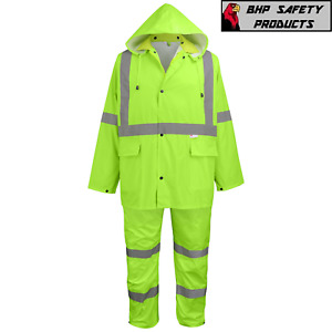 Yellow Safety Rain-suit,  3 Piece Rain Jacket With Hoodie & Rain Pants Hi-Vis