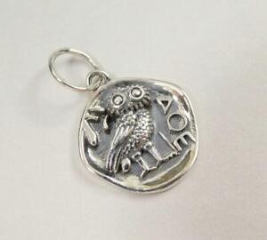 Sterling Silver Ancient Athena Owl Coin Organic Round Small Charm Pendant Unique