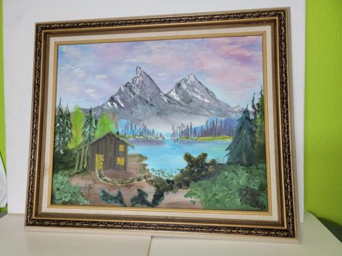 Vintage Oil Painting Canvas Framed Mountains Cabin Forest Lake Tom Williams Vtg