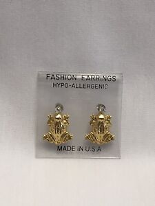 Vintage Frog Earrings Gold Tone Rhinestone Mid Century Modernist 7/8”, Fashion