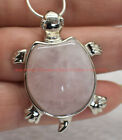 Natural Pink Quartz Turtle Gemstone Pendant 925 Silver Necklace 18'' AAAA++