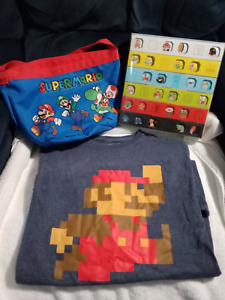 Super Mario Bros. Merch Lot - Club Nintendo Pin Set, T-Shirt & Tote Bag)