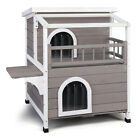 2-Tier Wooden Cat House Outdoor Kitty Shelter w/ Escape Door Rainproof Gray