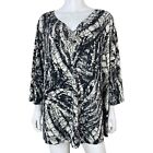 Susan Graver Size 3X Blouse Top 3/4 Sleeve Liquid Knit Black Off White Abstract