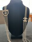Signed CHANEL CC Badge Long Multi Strands Dangling Chains Pendent Charm Necklace