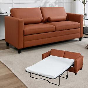 Faux Leather Pull Out Sofa Bed, 2-in-1 Sleeper Sofa with Foldable Mattress