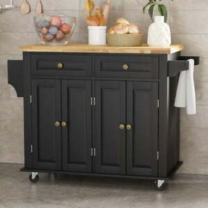 Rolling Kitchen Island with Wood Countertop, Lockable Casters,Adjustable Shelves