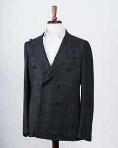 Isaia $3,895 NWT Gray Black Plaid Wool Double Breasted Sport Coat 50 IT 40 US