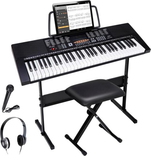 61 Key Electronic Keyboard Piano with Stool Headphones Microphone Stand Earphone