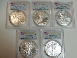 Lot of 5 2021 $1 Type 1 & 2 American Silver Eagle PCGS MS70 FS Flag Label Spots