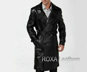 Men's Double Breasted Outdoor NEW Black Lambskin 100% Leather Trench Coat Belted