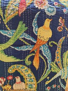 Indian Handmade Blue Pecock Print kantha Quilt, Cotton Blanket Throw , Bedspread