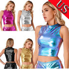US Women Leather Shiny Metallic Sleeveless Turtleneck Crop Tank Tops Dancewear