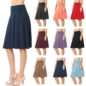 Womens High Waist Fold Over Knit A-Line Flared Midi Swing Skirt