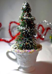 Vintage Glittered Bottle Brush CHRISTMAS TREE Milk Glass Westmoreland Teacup
