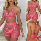 Pink Sexy Women's Fishnet Lingerie Bra G-string Set Sleepwear Nightwear Babydoll