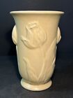 Vintage USA Art Pottery Pastel Yellow Matte Glaze TULIP Vase 8” Raised Detail