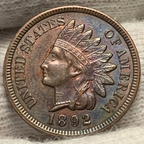 1892 Indian Head Cent Penny ~ 4 Diamonds High Grade Rainbow Toning (M718)