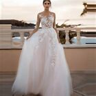Sexy White Lace Wedding Dresses O-Neck Transparent Sleeves Appliques Bridal Gown