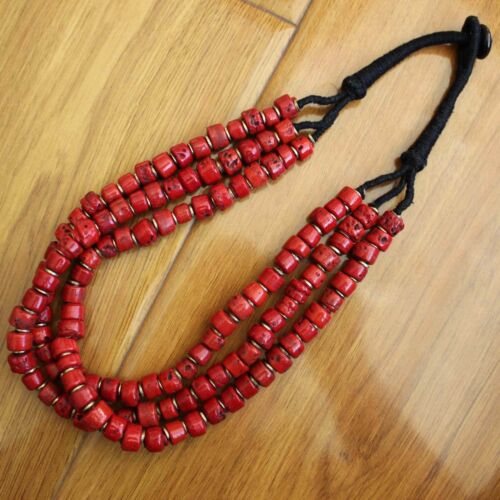 NK223 Ethnic Tibetan 10mm Red Coral Beads 3 Rows Women Necklace Beaded Necklace