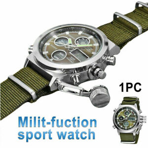 Men Military Wrist Watch Army Green Analog Digital Quartz Nylon Canvas Sport US
