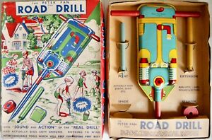 Vintage Peter Pan Playthings Tinplate Road Drill. 1950's Rare. Boxed. Excellent.