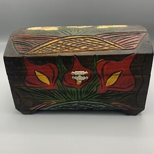 Vintage Hand Carved Wooden Box With Calla Lilly Flower Leaves With Hinged Lid