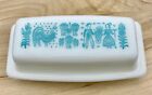 Vintage Pyrex Amish Butterprint Butter Dish Turquoise Blue on White USA Made