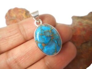 Oval Copper Blue Turquoise Sterling Silver 925 Gemstone Pendant