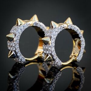 Men’s 14k Gold Plated Iced Hip Hop Spiked Cz Huggie Hoop Earrings
